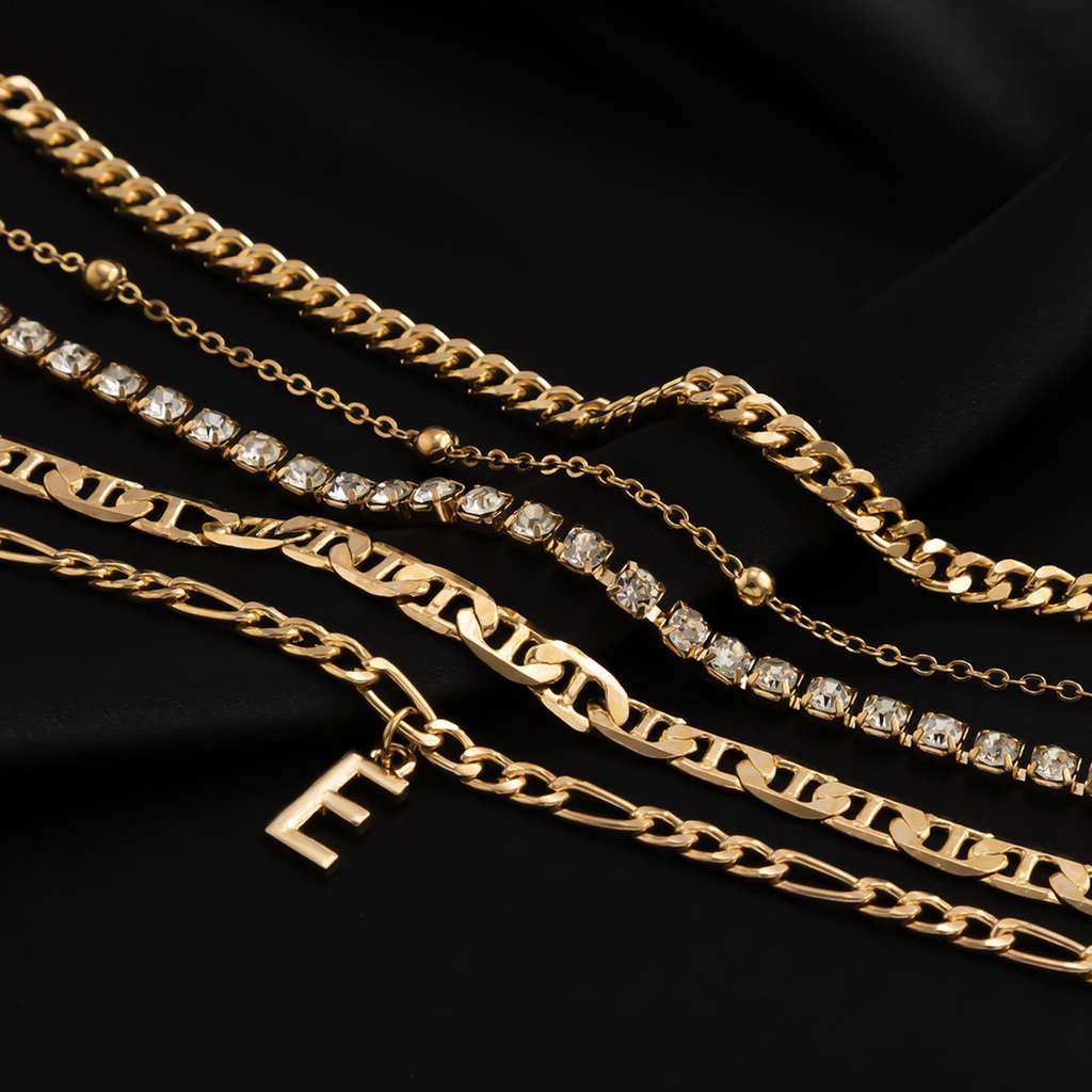 Hu Hu Hu Hu Hu Alat Bantu Pasang Kacamata♡ 5pcs / Set Gelang Rantai Multilayer Adjustable Dengan Liontin Huruf Aksen Berlian Imitasi Untuk Wanita