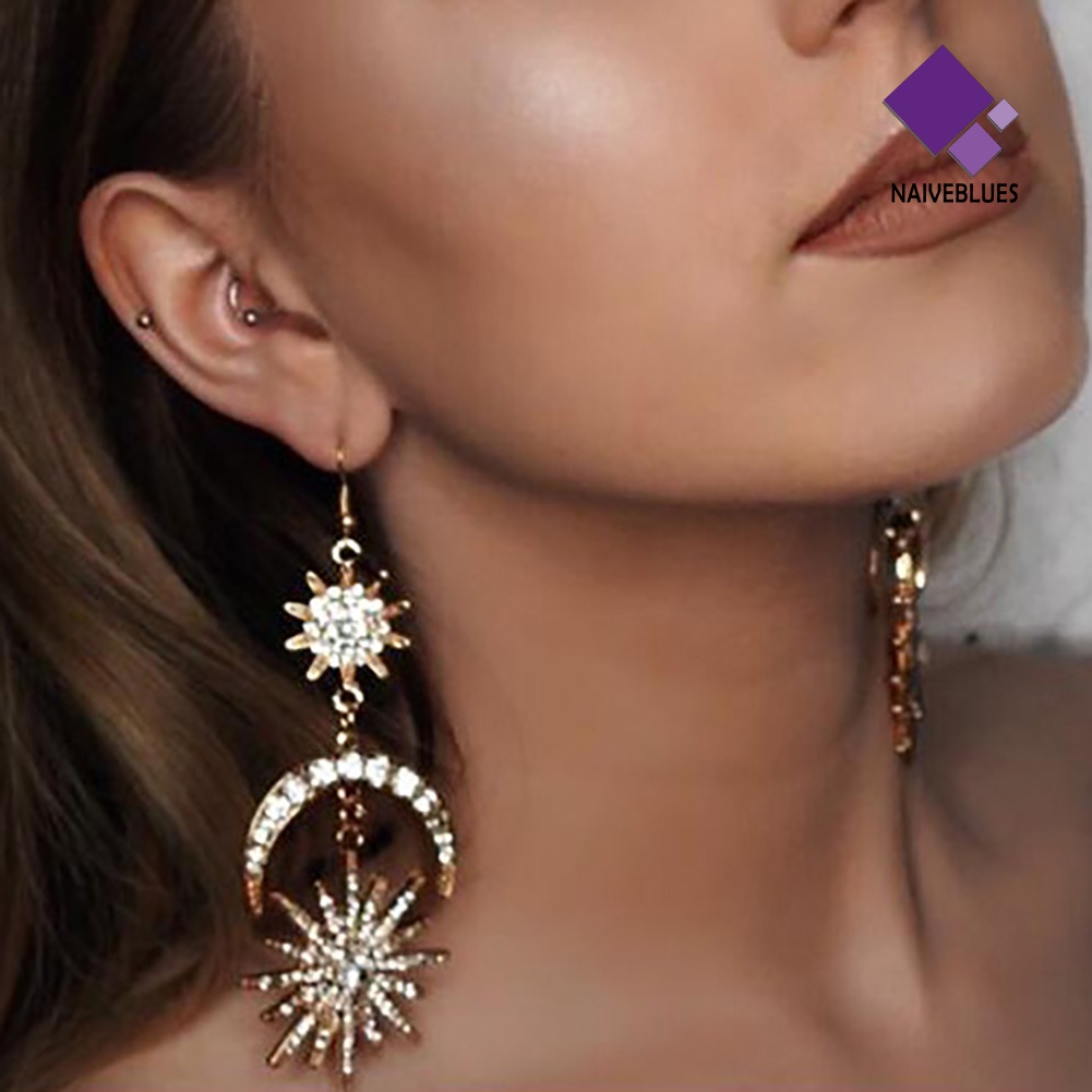 Naiveblue &gt; Anting Kait Gantung Statement Desain Matahari + Bulan Hias Berlian Imitasi Gaya Boho Untuk Wanita