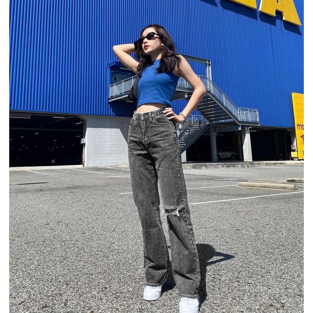 HOPYLOVY Celana Panjang Kulot Jeans Highwaist Sobek Long BF Ishika Loose Jeans