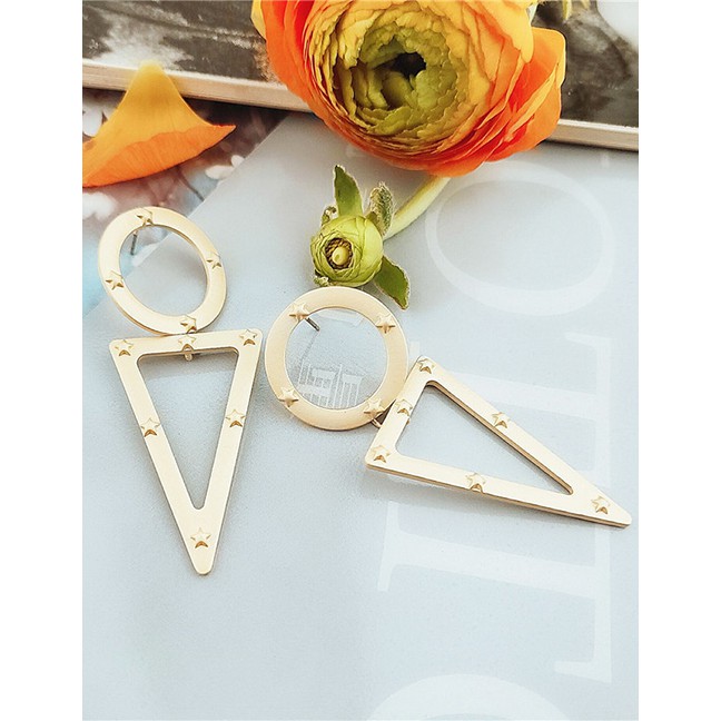 LRC Anting Tusuk Fashion Gold Big Triangle Ring Cutout Five-pointed Star Metal Earrings F40651