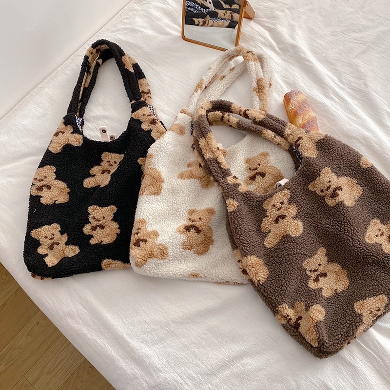 JEAN Korean Fluffy Bear Tote Bag / Tas Korea Beruang Besar / Totebag Jumbo / Tas Bahu Korea Import