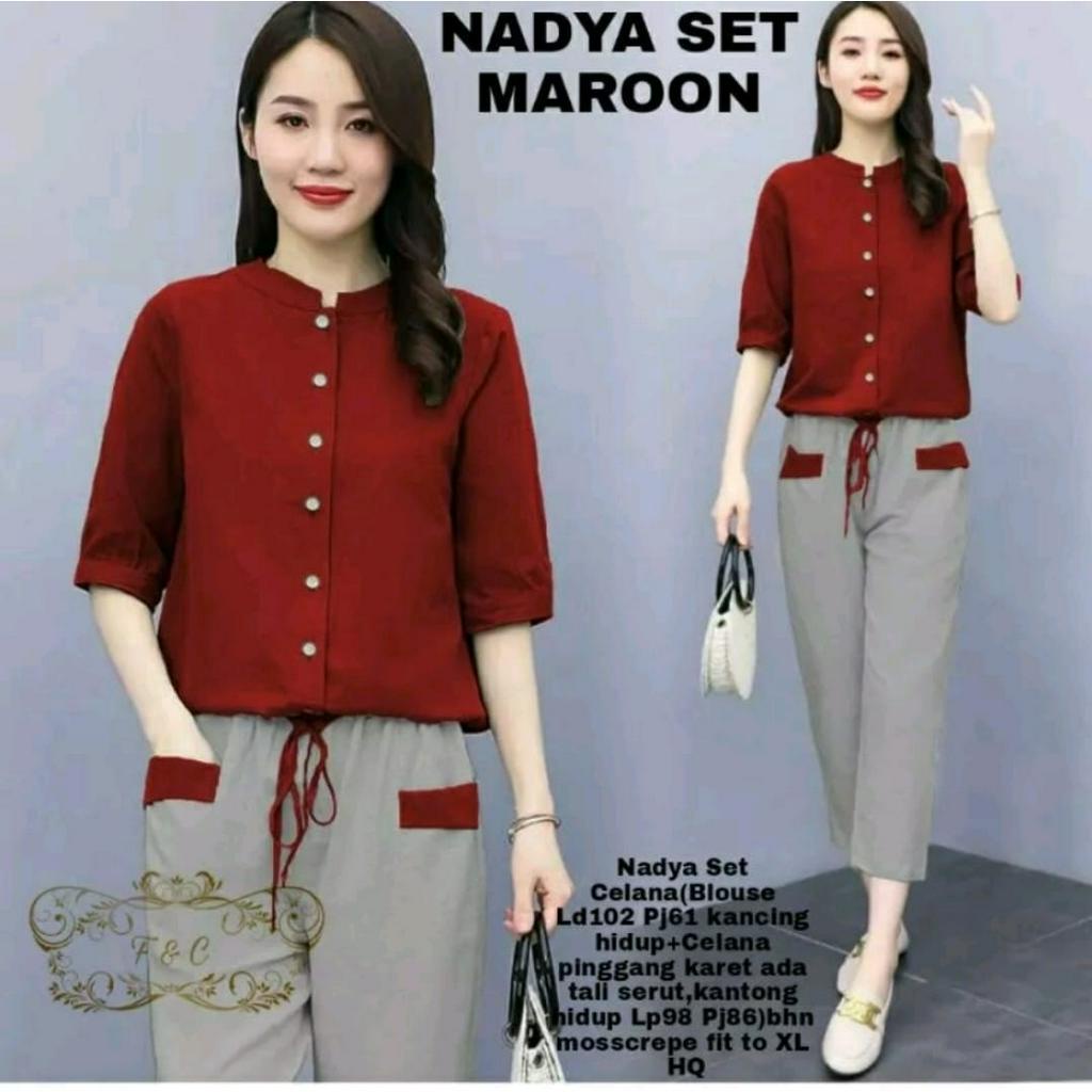 PCS SET NADYA BAHAN MOSCREPE FE SETELAN ATASAN DAN CELANA 3 UKURAN M L XL