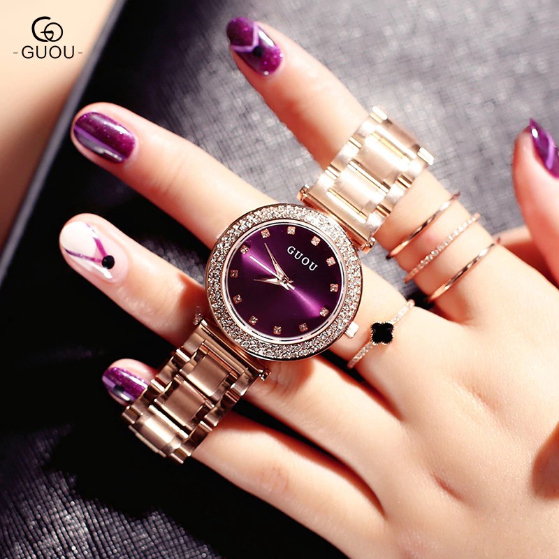 HOT PROMO Guou Watch Wanita Indah Mewah Atas Berlian Kuarsa Wanita Watch Stainless Steel Wanita