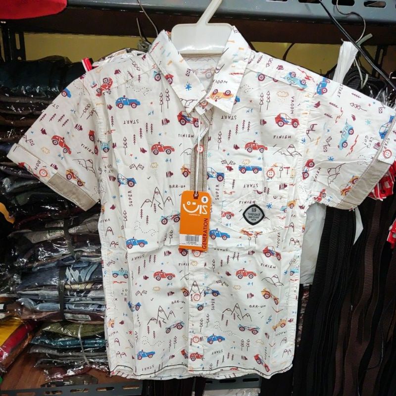 kemeja anak lengan pendek merk UIS motif mobil gunung usia 3-8 tahun
