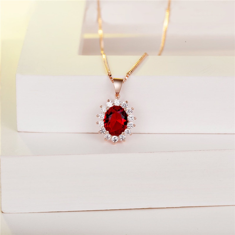 [Ready Stock]Fashion Inlaid Ruby Pendant Rose Gold Necklace