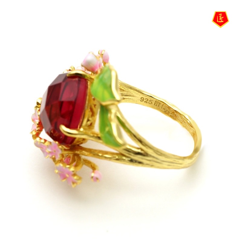 [Ready Stock]Diamond Pink Flower 18K Gold Ring Amethyst Noble Elegant Graceful