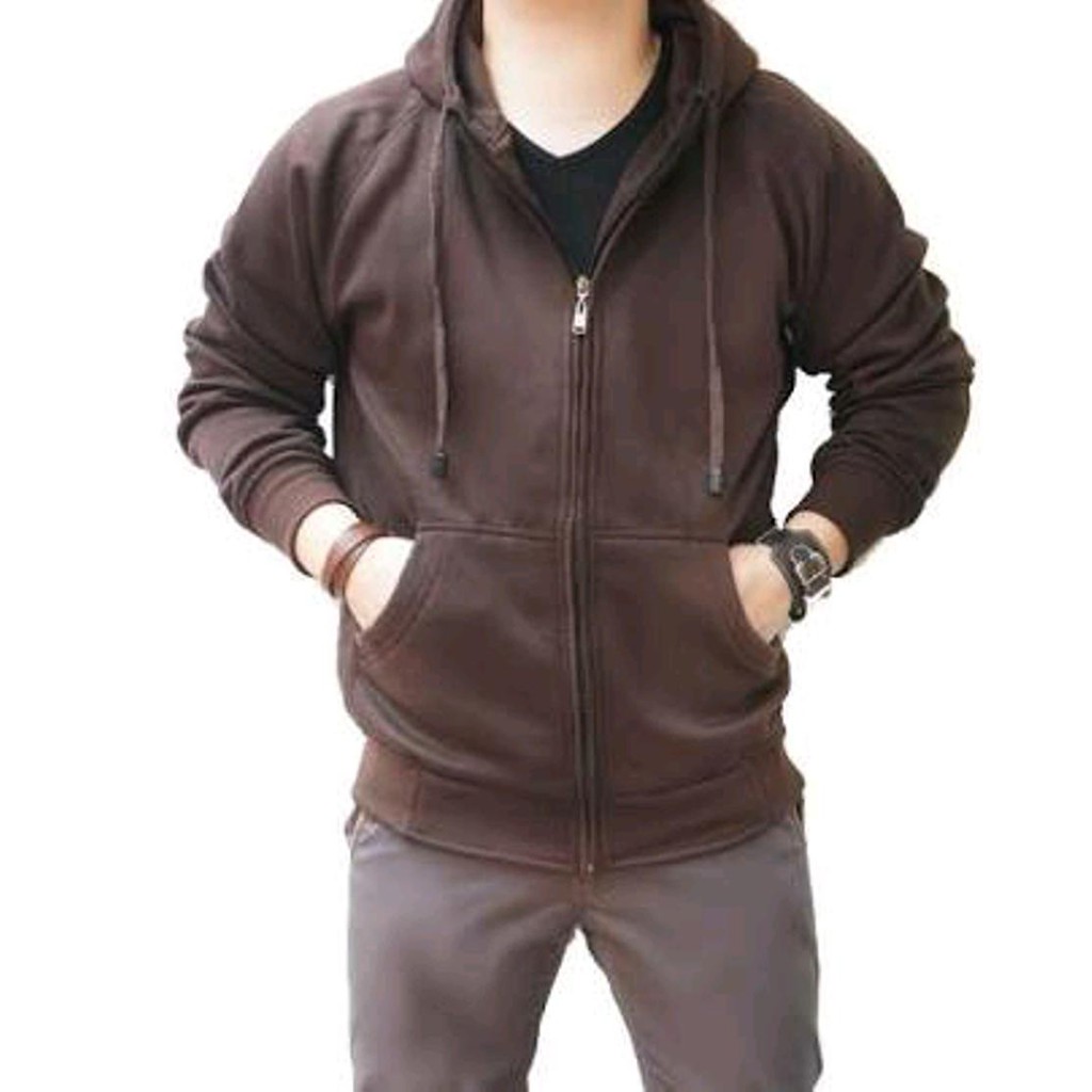 jaket hoodie zipper polos warna coklat tua ukuran M-L-XL unisex bahan fleece PE