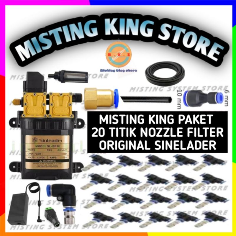 PAKET MISTING 20 TITIK MIST NOZZLE FILTER 0.1/0.2/0.3/0.4/0.5/0.8 MM ANTI DRIP  EMBUN KABUT ALAT SIRAM SPRINKLER RUMAH WALET KANDANG UNGGAS HIDROPONIK TAMAN SELANG PU POMPA DC 12V ORIGINAL DOUBLE SINLEADER