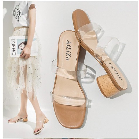 Sepatu import wanita/ sepatu import sepatu double straps transparant high heels tapak tahu 3 cm