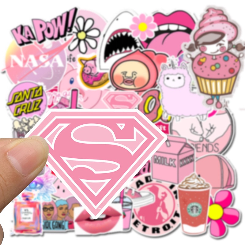 50pcs Kawaii Pink Wanita Perempuan PVC Stiker Perekat Diri Untuk Koper Skateboard Laptop Kulkas