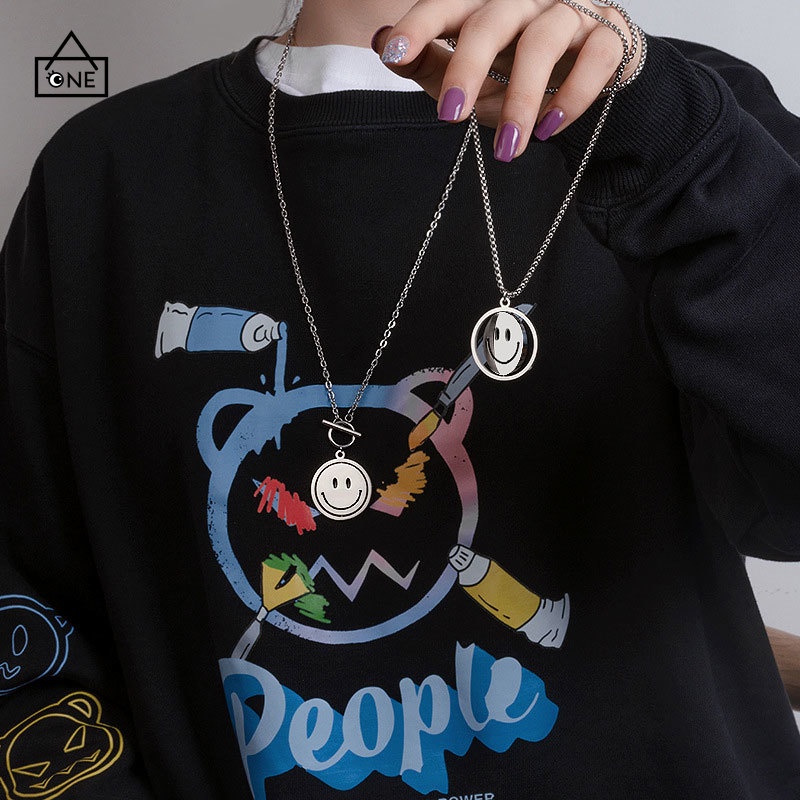 COD❤Kalung Liontin Unisex Wajah Smiley Aksesoris Perhiasan Fashion Rotasi Punk Buckle A one