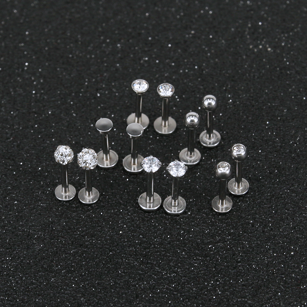 ESR 12pcs / Set Anting Tindik Bibir Bahan Stainless Steel Anti Alergi Hias Kristal / Berlian Imitasi