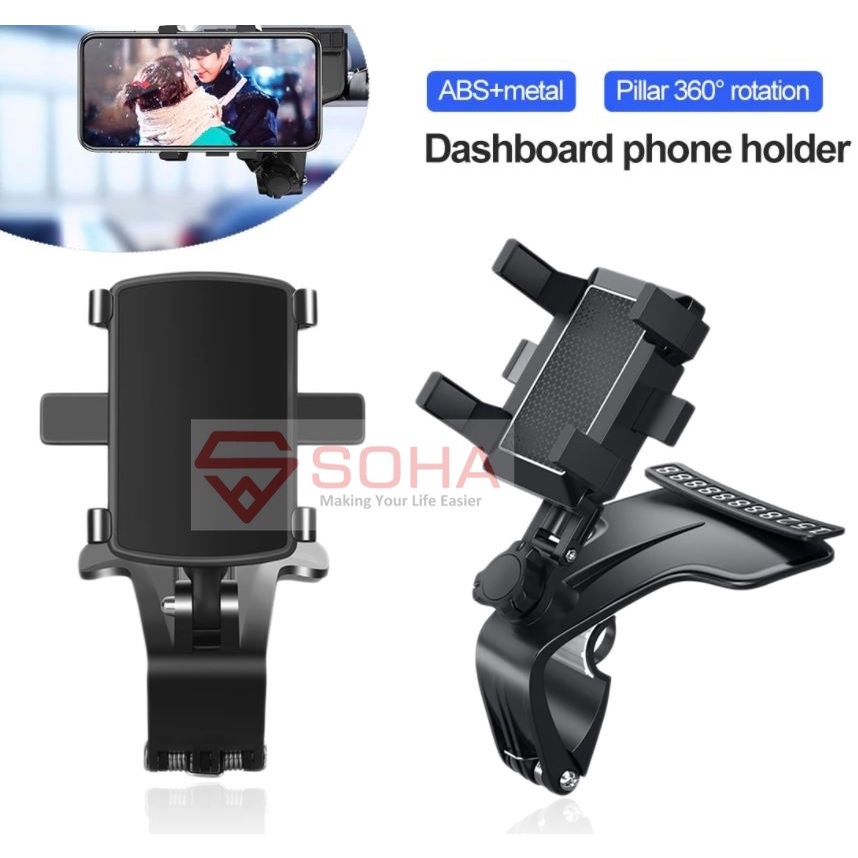 CHM-015 Car Holder HP Dashboard Puter 360 Derajat Universal Taruh Sun Visor &amp; Spion Mobil &amp; Dekat