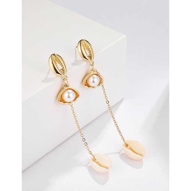 LRC Anting Tusuk Fashion Gold Alloy Shell Pearl Tassel Shell Earrings F69222