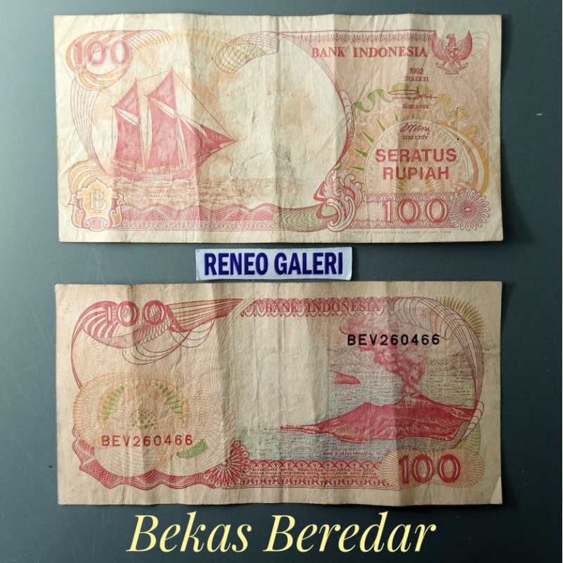 VF Asli Rp 100 Rupiah Tahun 1992 Perahu Pinisi uang kertas kuno phinisi duit jadul lawas lama Original Indonesia bukan Kapal layar 1991
