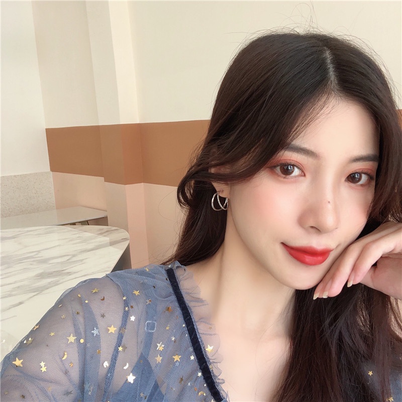 Anting Silver Needle Double Layer Bentuk Lingkaran Gaya Retro Korea Untuk Wanita