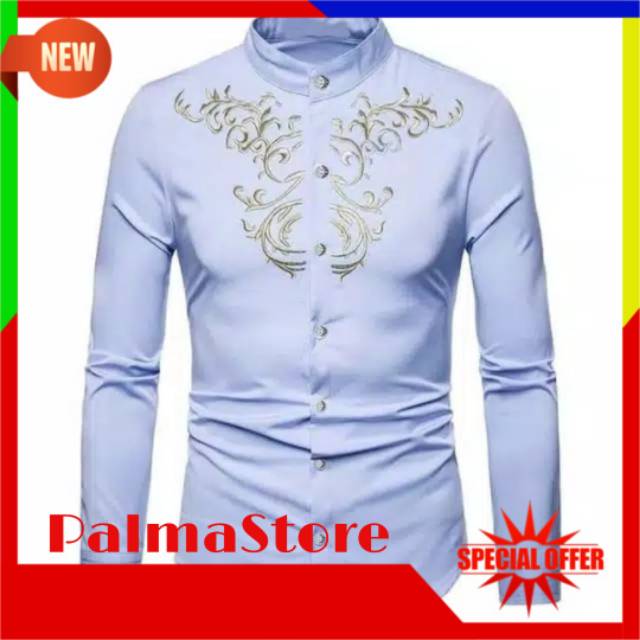 [Koko Calvin Royal Biru Muda SC] Baju Koko Pria Bahan Katun Stretch Bordir Lengan Panjang Biru Muda
