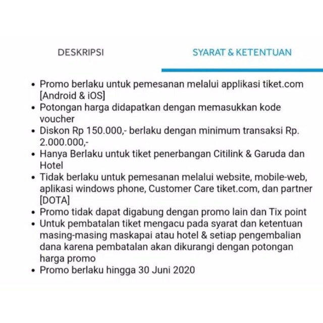 VOUCHER TIKETCOM GARUDA CITILINK HOTEL EXP 30 JUNI 2020