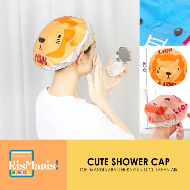 CUTE SHOWER CAP - Topi Mandi Bahan Peva Tutup Kepala Keramas Waterproof Tahan Air Karakter Kartun