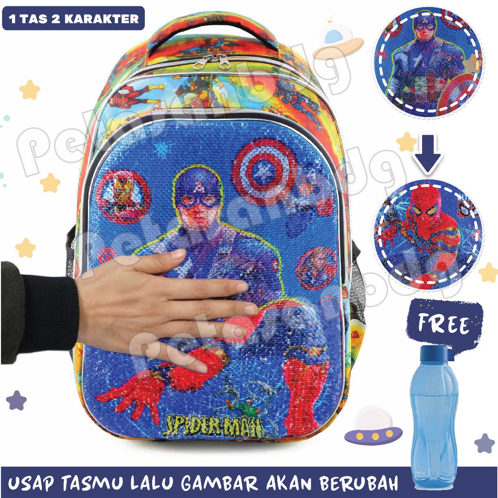 PTS - Tas Usap Ransel Sekolah Anak Cowo / Laki Laki Karakter USAP Swipe Crush - ULTRAMEN SPIDERMAN CAPTAIN AMERICA +BOTOL