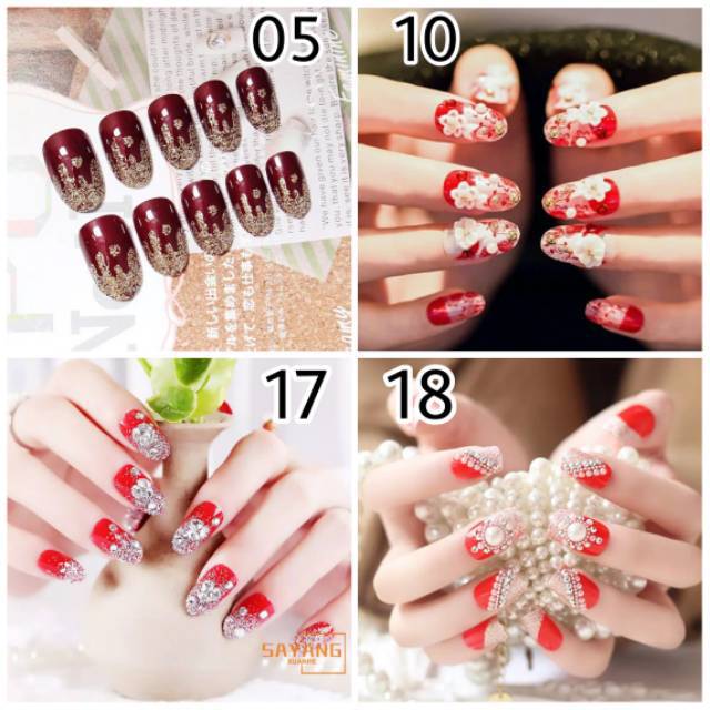 3D Kuku Palsu Pernikahan Wedding Fake Nails warna Merah / Red / Maroon / Biru Blue