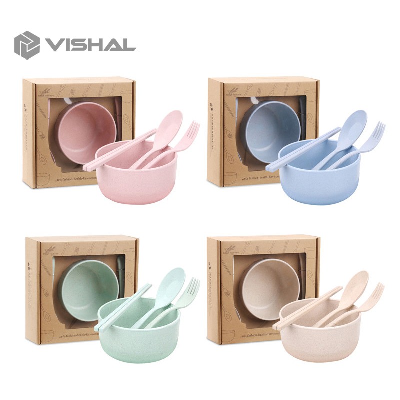 VISHAL Gandum 4 Pcs Peralatan Makan Set Mangkuk / Piring  / Sendok Peralatan Makan Anak-Anak VS-11