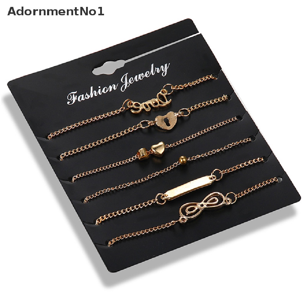 (AdornmentNo1) 6pcs Gelang Kaki Rantai Multisusun Pendan Hati + Infinity Gaya Boho