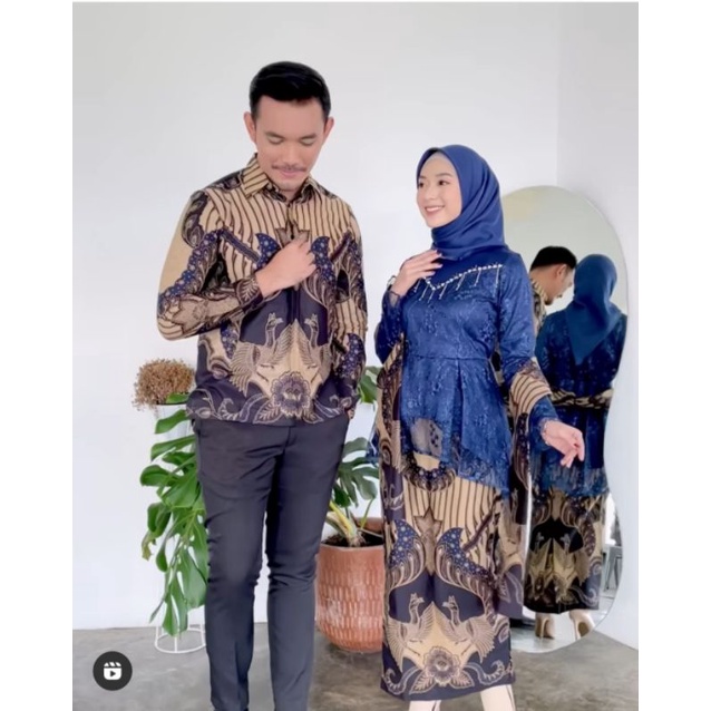 Batik Couple Aldia Kebaya Modern - Set Kebaya Couple Tunik Brokat Tulle Mutiara Premium - Set Kebaya Lamaran Tunangan - Set Baju Seserahan - Kebaya Bridesmaid Aldia