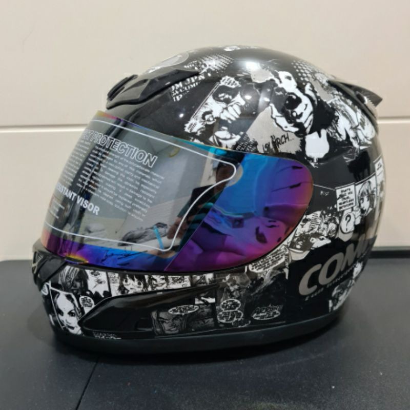 helm japan fullface comic hitam gloss font grey