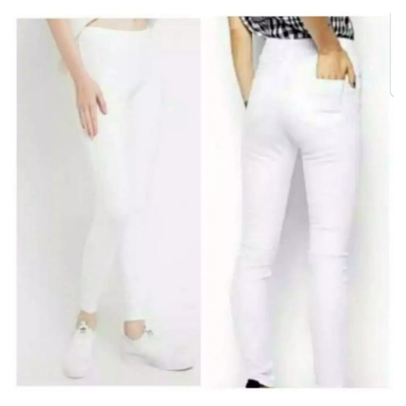 Celana Jegging Jeans Skinny Wanita Pinggang Karet Warna Putih Polos