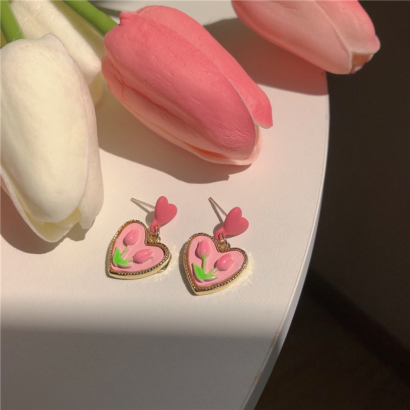 Anting Bentuk Hati Tulip Warna Pink Gaya Retro Korea