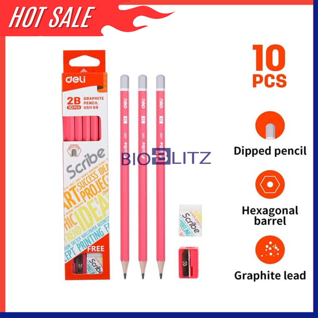 

Deli Pensil Kayu Grafit 10 pcs bonus penghapus dan rautan