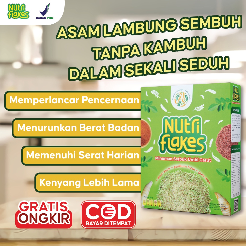 Nutriflakes Sereal Umbi Garut With Psyillium Husk dan Daun Kelor Mengatasi Asam Lambung Maag Gerd Original 1 Box Halal Bpom