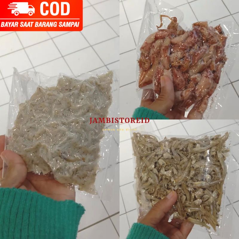 

(JAMBISTOREID) Aneka Seafood All Varian Ikan Teri Asin Udang Cumi-Cumi Ebi 50-150gram Kering Basah Vacum Udang Halus Kasar Ikan Teri Nasi Asin Bulu Pedo Tamban Kerang Bada Dencis Belah Kemasan Vakum Jambi