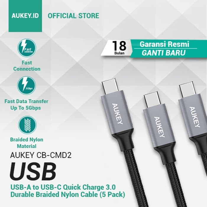 CB-CMD2 Aukey Cable BRAIDED NYLON TYPE C CABLE 5pcs Cable Package