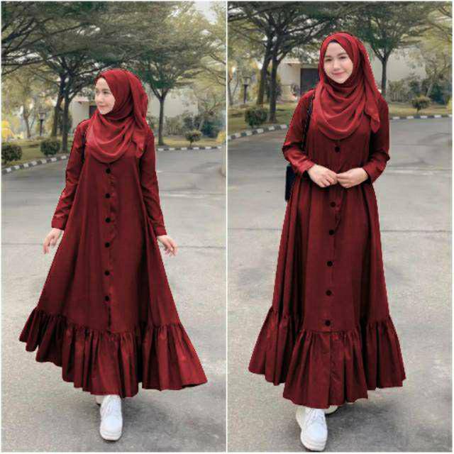 MRA - Peoni Dress Fashion Muslim Gamis Dress Moscrepe Rempel Serut Pakaian Wanita Murah