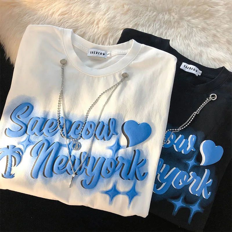 [littlecrab] Kaos Oversize Saercow Newyork With Additional Double Chain Love Coconut Tree Star Tshirt Rantai Swag Unik Aesthetic Street Style T-shirt Berkualitas Couple Unisex Korean Style
