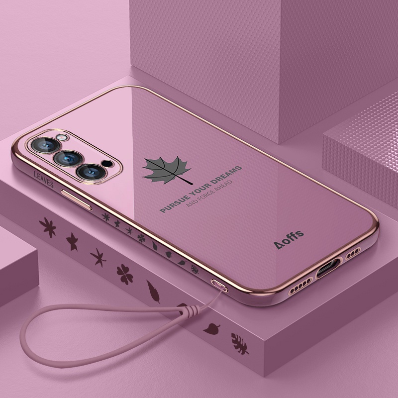 【Lanyard】Ultra-thin plating Case OPPO A16 A54 RENO4 REALME 8 PRO 7 5 C11 C17 C15 5i 6i C3 7i Luxury Maple Leaf Square Liquid Cover-purple