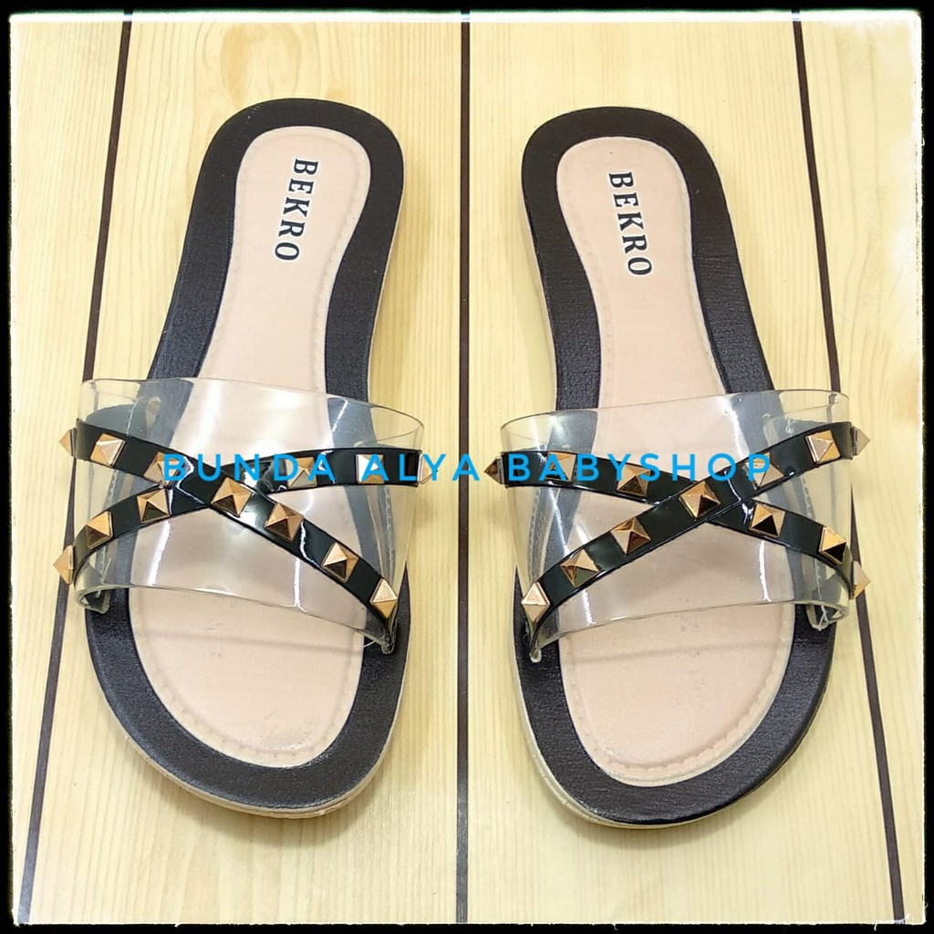 Sandal Wanita Slop Flat Size 36 - 40 HITAM - Sendal Selop Transparan Sandal Flat Wanita OpenToe SALE