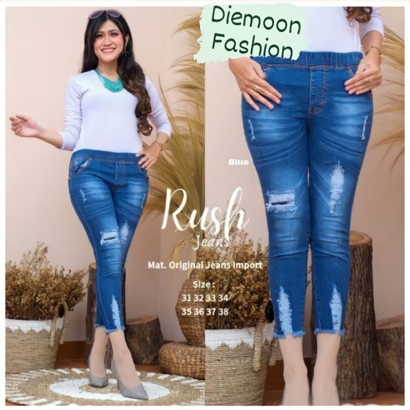 Rush jeans 7/9 pinggang karet bahan melar . Jeans sobek jeans keninian. Jeans Rekomendasi infuencer