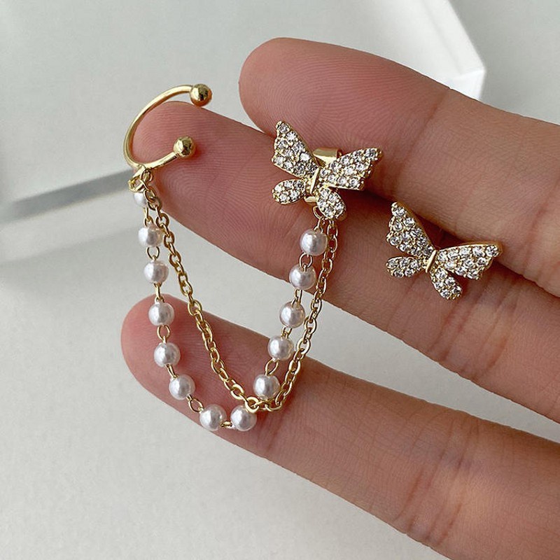 Anting Stud Rantai Rumbai Desain Kupu-Kupu Aksen Mutiara Berlian Imitasi Gaya Korea Elegan Untuk Wanita