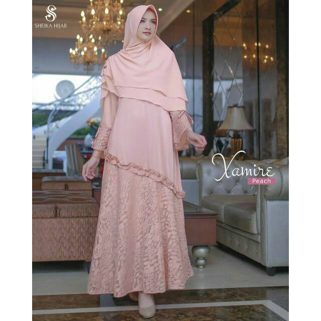 SHEIKA HIJAB XAMIRE DRESS Peach Gamis Syari Busui Premium Bahan Maxmara Lux Mix Brokat Ori
