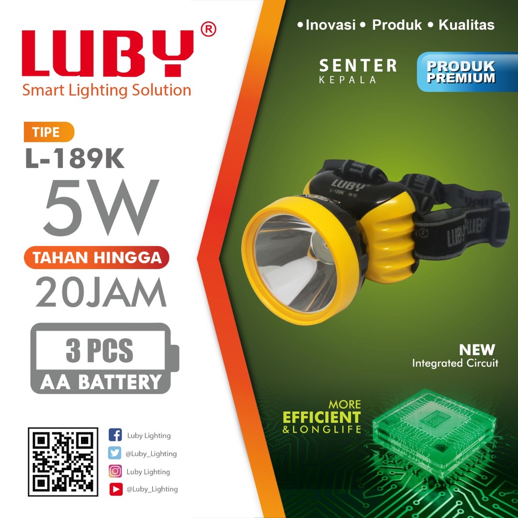 Luby Senter Kepala Super Terang LED L-189K LAMPU KUNING 5 Watt 250 Meter 20 Jam