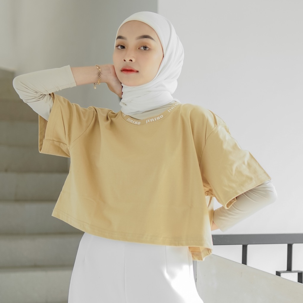 JINISO Crop Top JNSO Round Neck Oversize Tee T-Shirt | Kaos-KHAKI