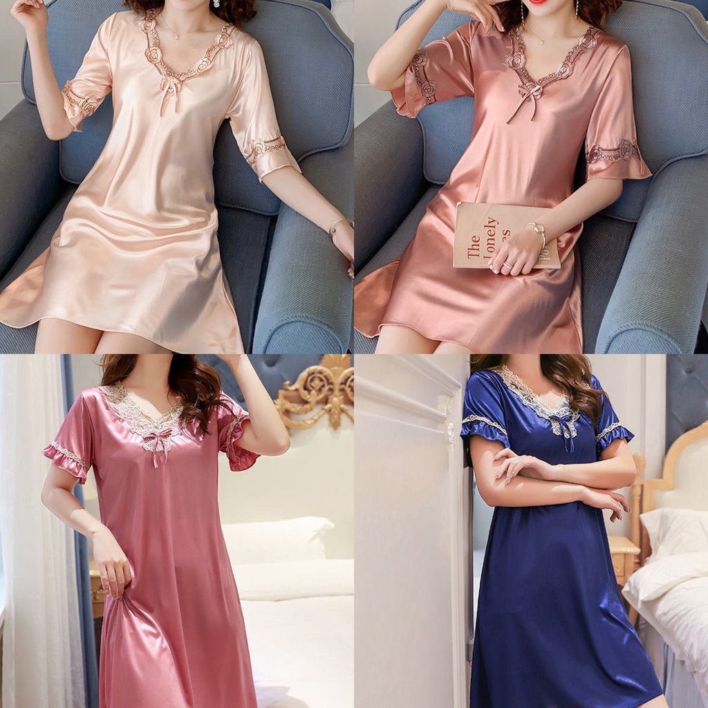 Dress Import Sweet Sexy Satin Pink Blue French Dress Santai Dress Tidur