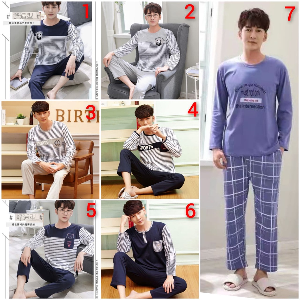 Baju tidur piyama cowok  lengan panjang celana panjang,bahan kaos import SALUR