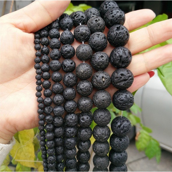 1 Untai Manik-Manik Batu Lava Volkanik Alami Warna Hitam Ukuran 4 6 8 10 12mm Untuk Membuat Perhiasan