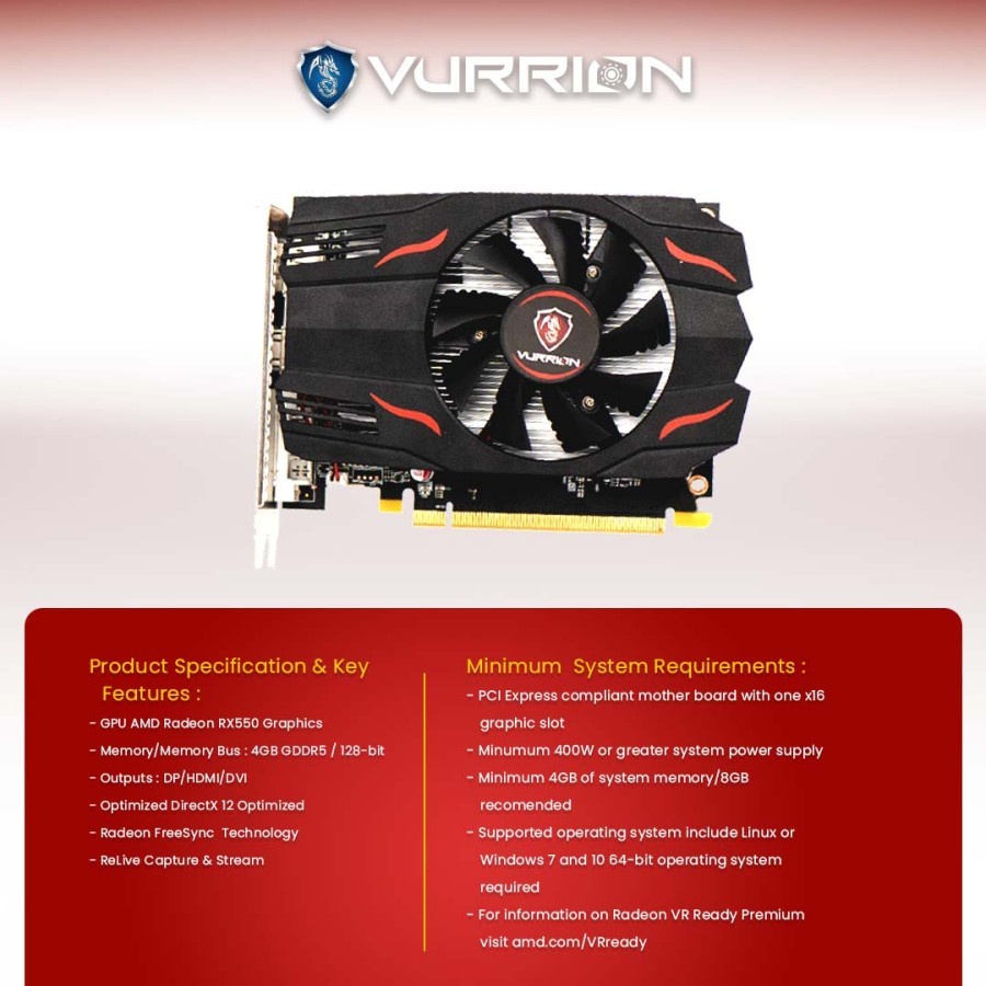 VGA Radeon Vurrion RX 550/ RX550 4GB GDDR5 128Bit | Vurion RX550 4GB