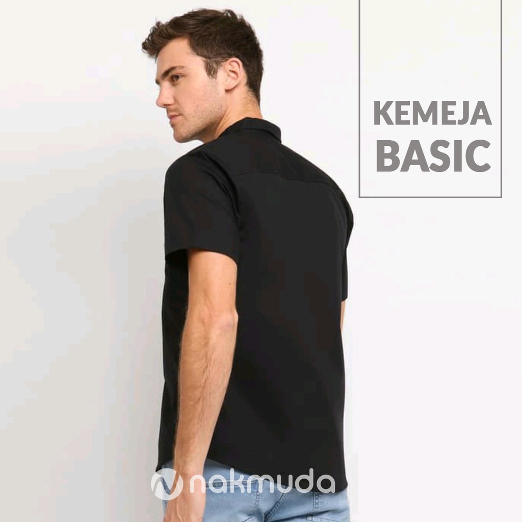 Kemeja Pria Lengan Pendek Polos Casual Basic Formal Hitam Hem Slimfit