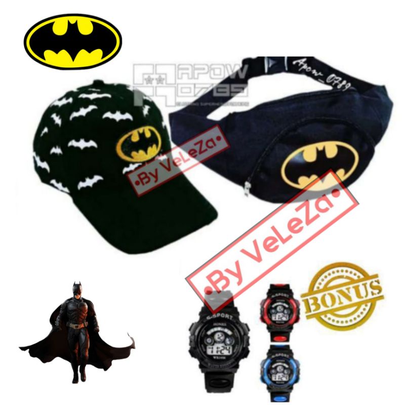 waistbag anak canvas karakter superhero 3in1 - tas + topi + jam